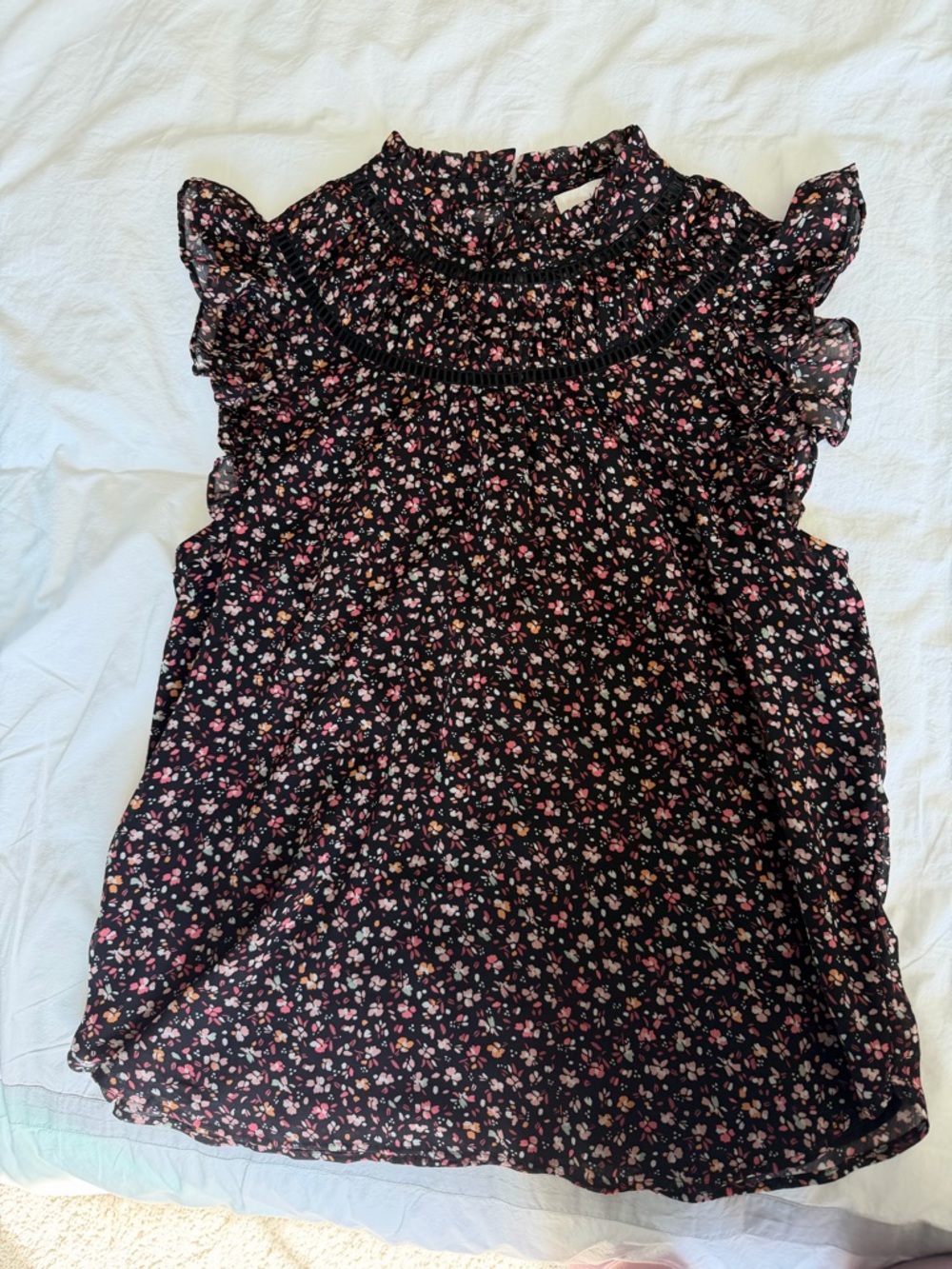 LOFT Black Floral Smocked Ruffle Sleeveless Top